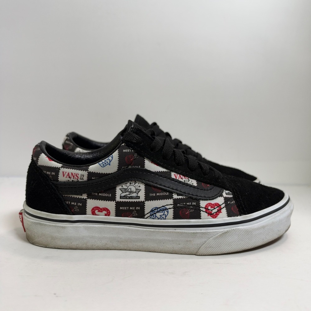 Vans Old Skool Love Letters Stamp Checkerboard Black Suede Sneakers Womens 5.5